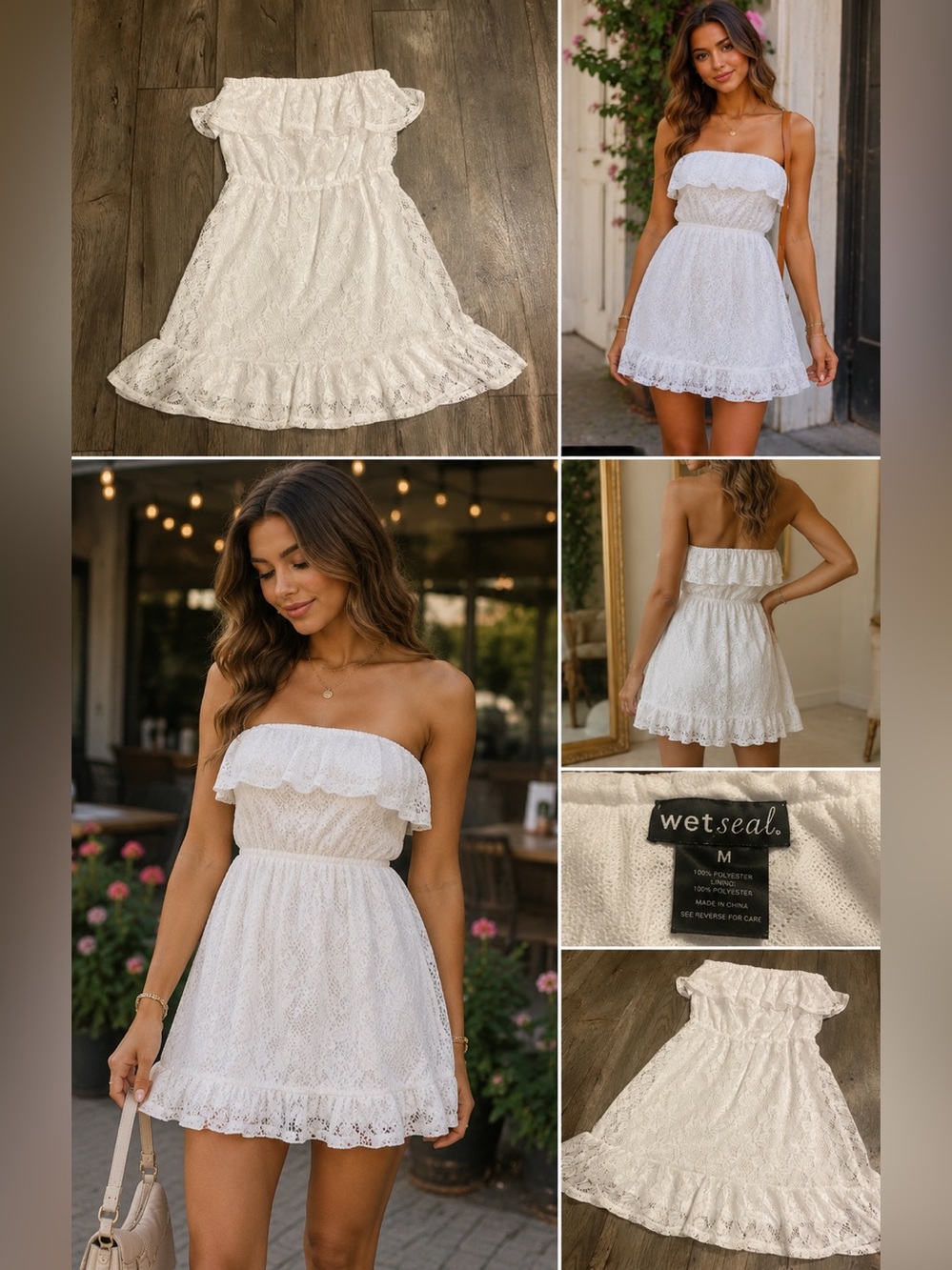Wet Seal White Lace Strapless Mini Dress | Off Shoulder Ruffle | Size M Summer
